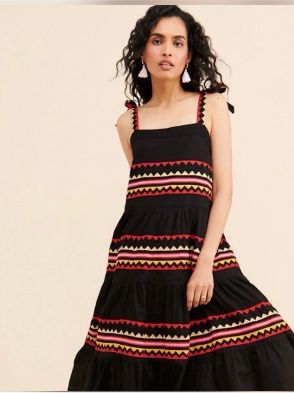 Black Maxi Dress with Red and Yellow Geometric Trim